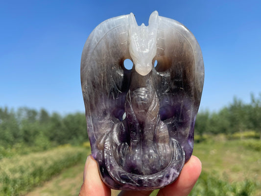 4''+ Natural Dream amethyst quartz,quartz crystal,hand carved,Crystal Fly Dragon,Fly Dragon skull,Crystal Gifts