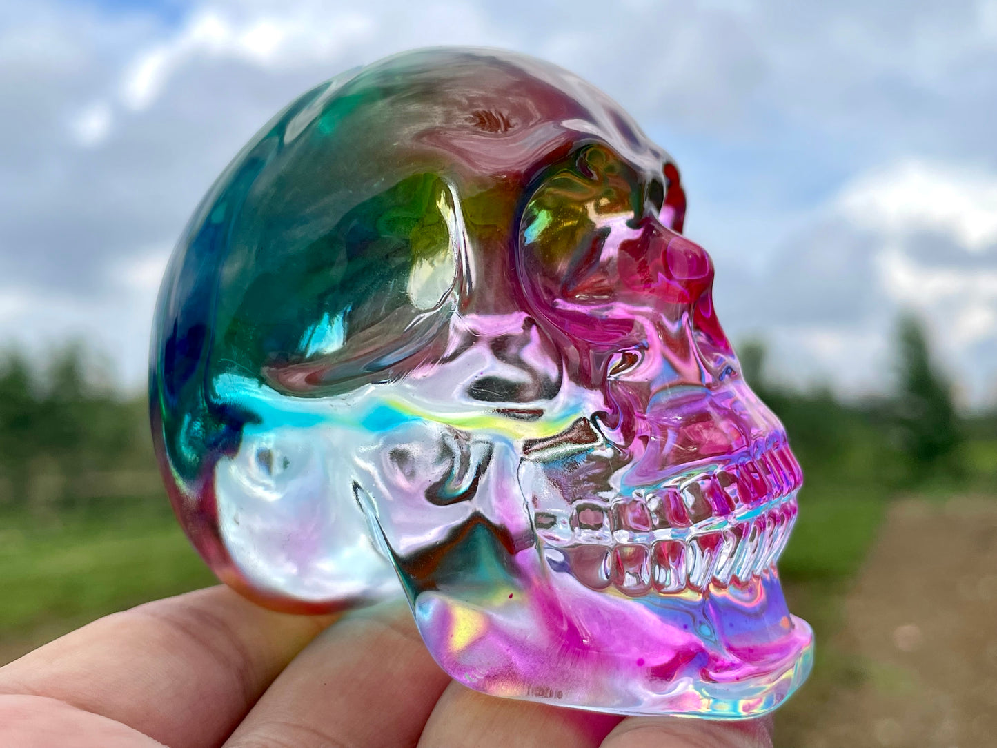 2.9" Titanium Rainbow Aura Lemurian skull,Quartz Hand Carved Crystal Skull, Quartz crystal skull,Crystal healing ,Crystal gift 1x