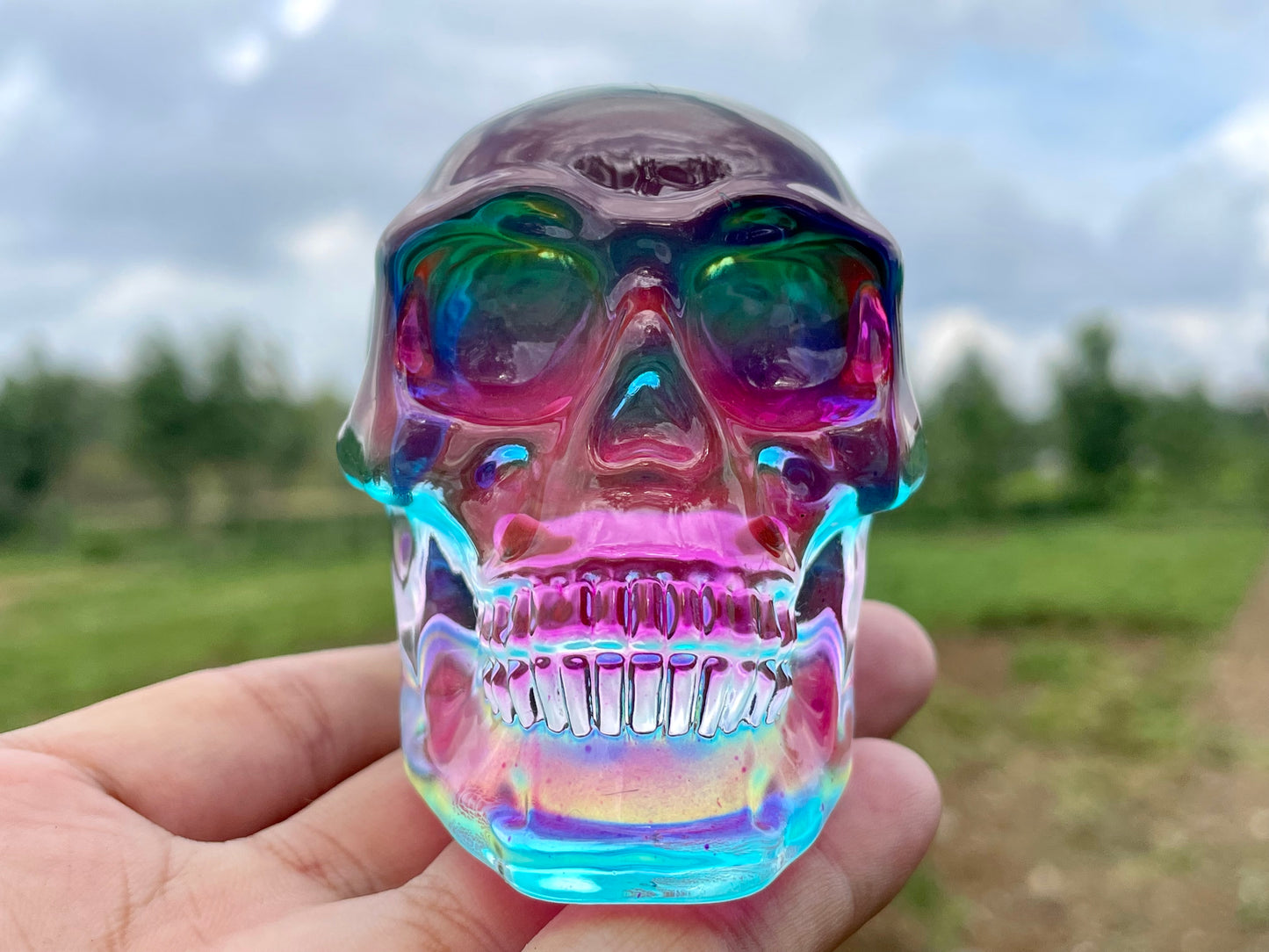 2.9" Titanium Rainbow Aura Lemurian skull,Quartz Hand Carved Crystal Skull, Quartz crystal skull,Crystal healing ,Crystal gift 1x