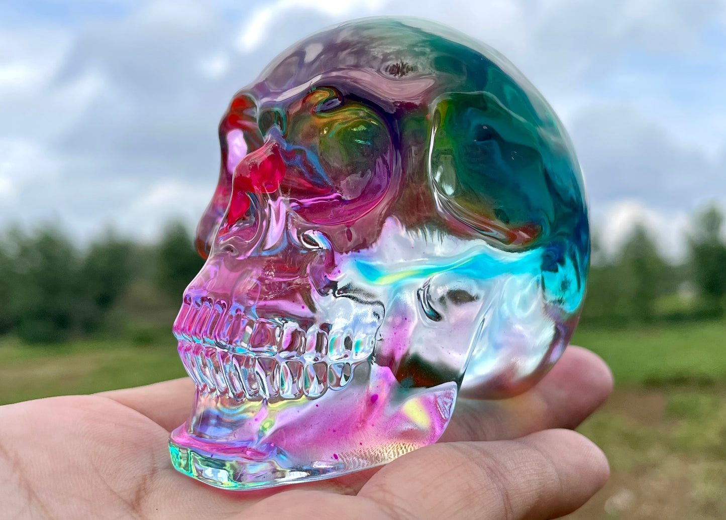 2.9" Titanium Rainbow Aura Lemurian skull,Quartz Hand Carved Crystal Skull, Quartz crystal skull,Crystal healing ,Crystal gift 1x