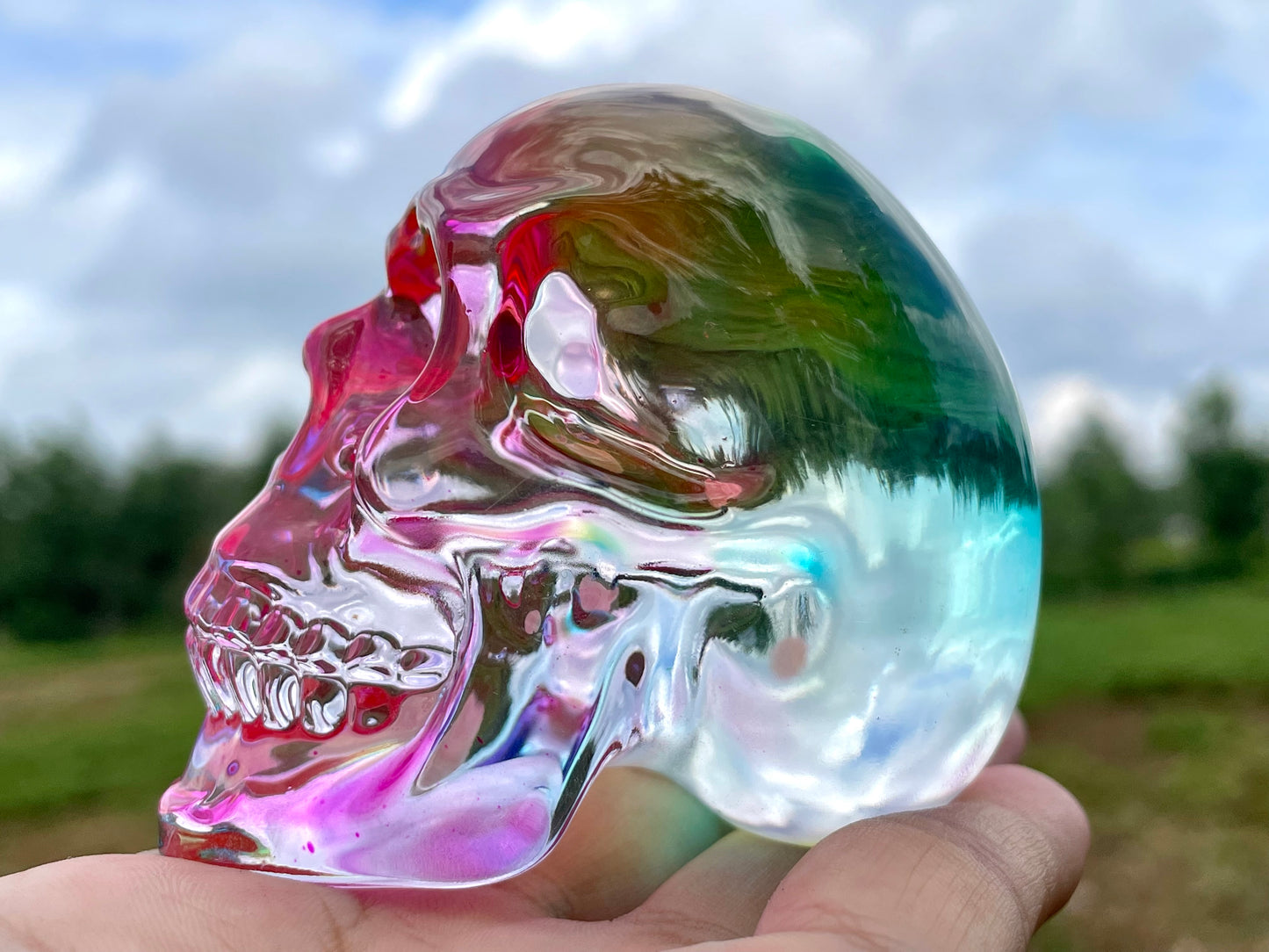 2.9" Titanium Rainbow Aura Lemurian skull,Quartz Hand Carved Crystal Skull, Quartz crystal skull,Crystal healing ,Crystal gift 1x