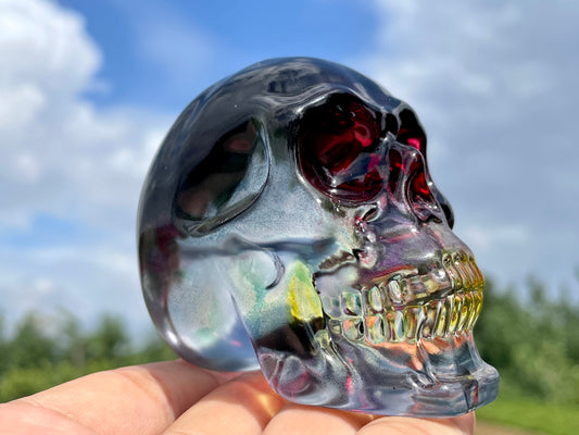 2.9" Red Titanium Rainbow Aura Lemurian skull,Quartz Hand Carved Crystal Skull, Quartz crystal skull,Crystal healing ,Crystal gift 1x