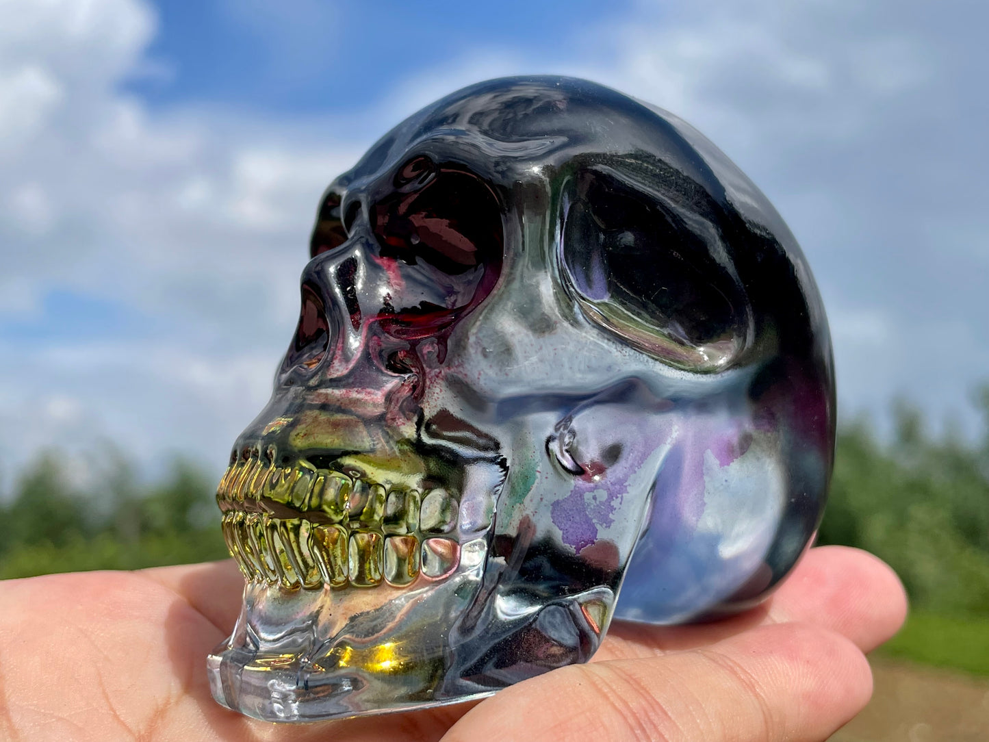 2.9" Red Titanium Rainbow Aura Lemurian skull,Quartz Hand Carved Crystal Skull, Quartz crystal skull,Crystal healing ,Crystal gift 1x