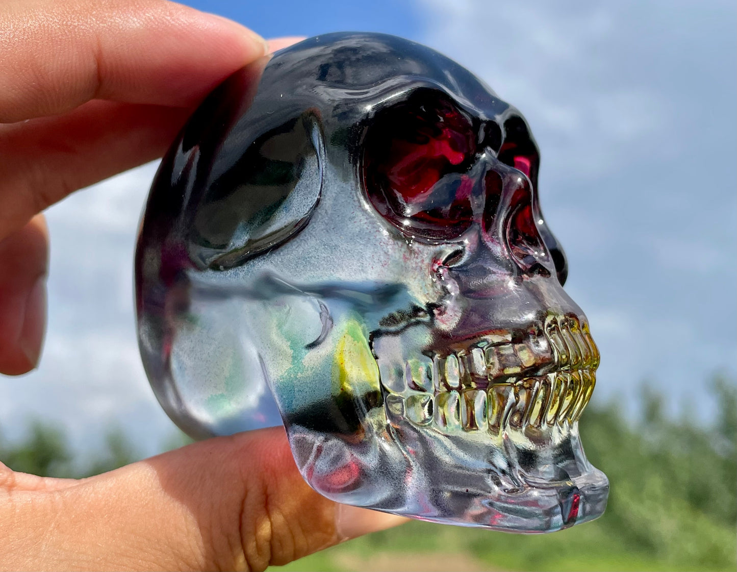 2.9" Red Titanium Rainbow Aura Lemurian skull,Quartz Hand Carved Crystal Skull, Quartz crystal skull,Crystal healing ,Crystal gift 1x