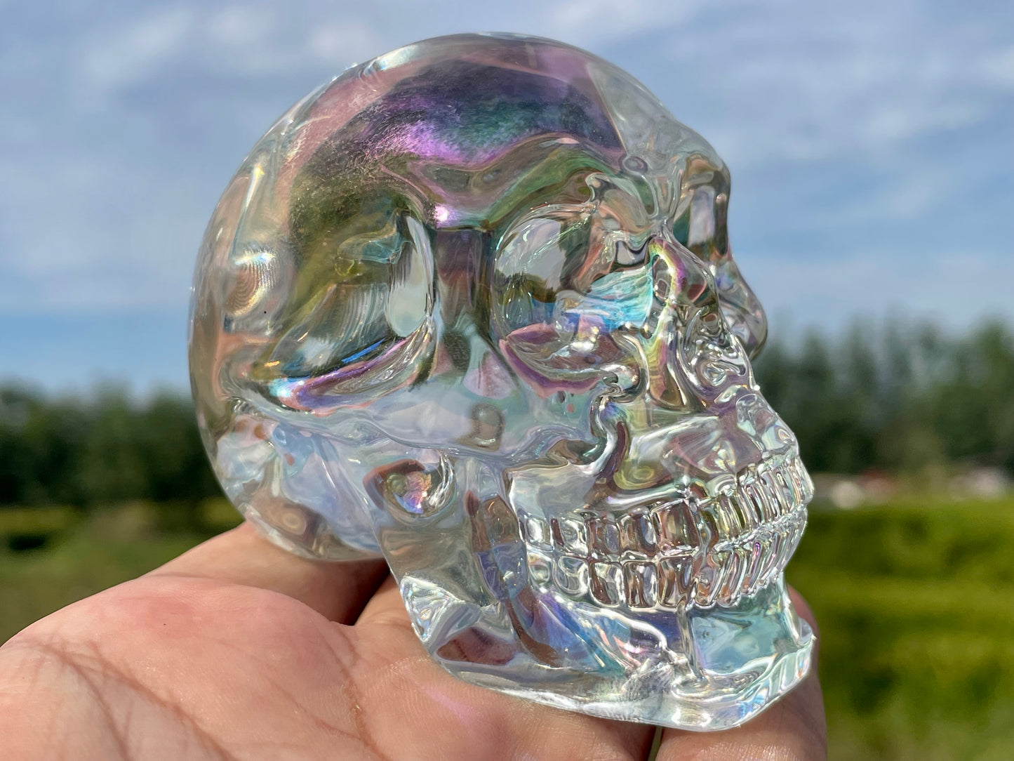 2.9" Rainbow Titanium Rainbow Aura Lemurian skull,Quartz Hand Carved Crystal Skull, Quartz crystal skull,Crystal healing ,Crystal gift 1x