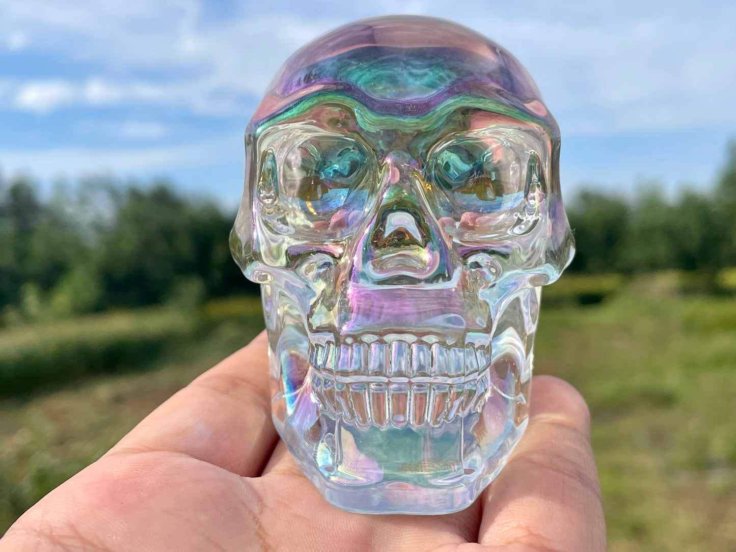 2.9" Rainbow Titanium Rainbow Aura Lemurian skull,Quartz Hand Carved Crystal Skull, Quartz crystal skull,Crystal healing ,Crystal gift 1x