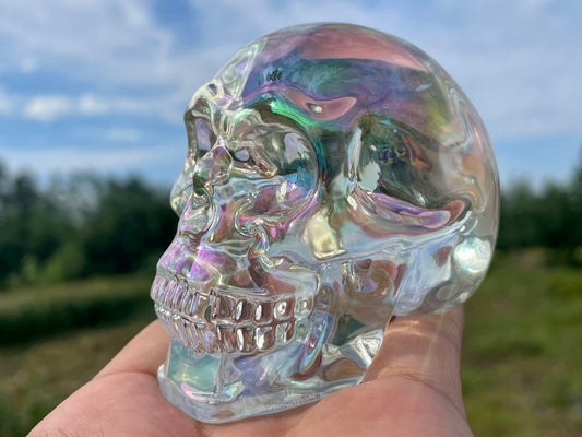 2.9" Rainbow Titanium Rainbow Aura Lemurian skull,Quartz Hand Carved Crystal Skull, Quartz crystal skull,Crystal healing ,Crystal gift 1x