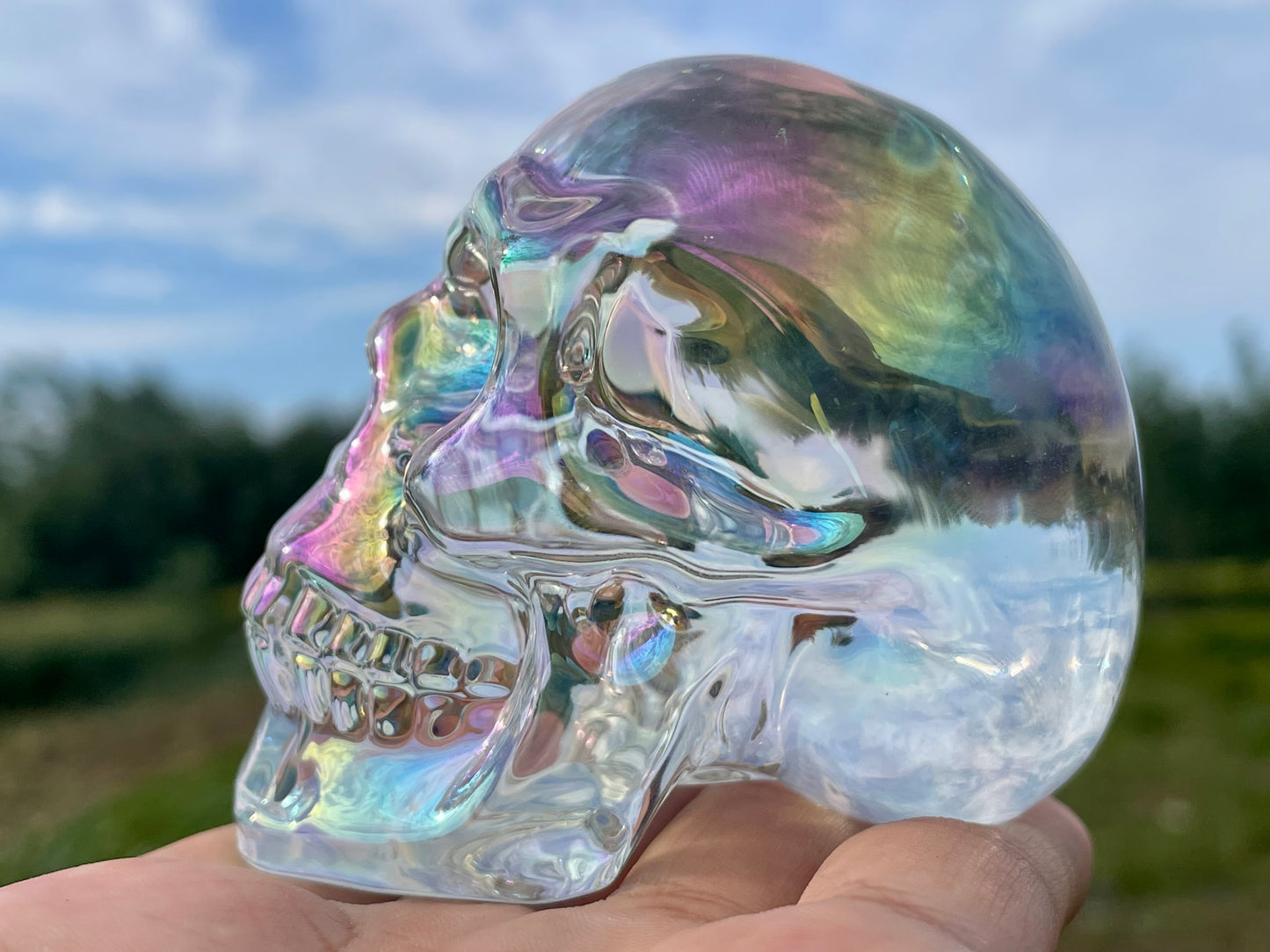 2.9" Rainbow Titanium Rainbow Aura Lemurian skull,Quartz Hand Carved Crystal Skull, Quartz crystal skull,Crystal healing ,Crystal gift 1x