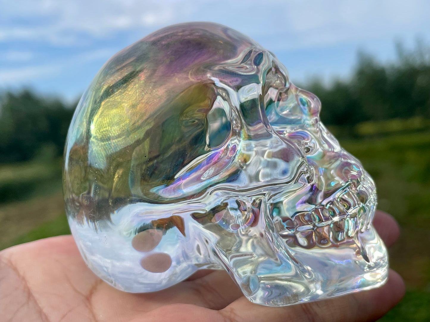 2.9" Rainbow Titanium Rainbow Aura Lemurian skull,Quartz Hand Carved Crystal Skull, Quartz crystal skull,Crystal healing ,Crystal gift 1x