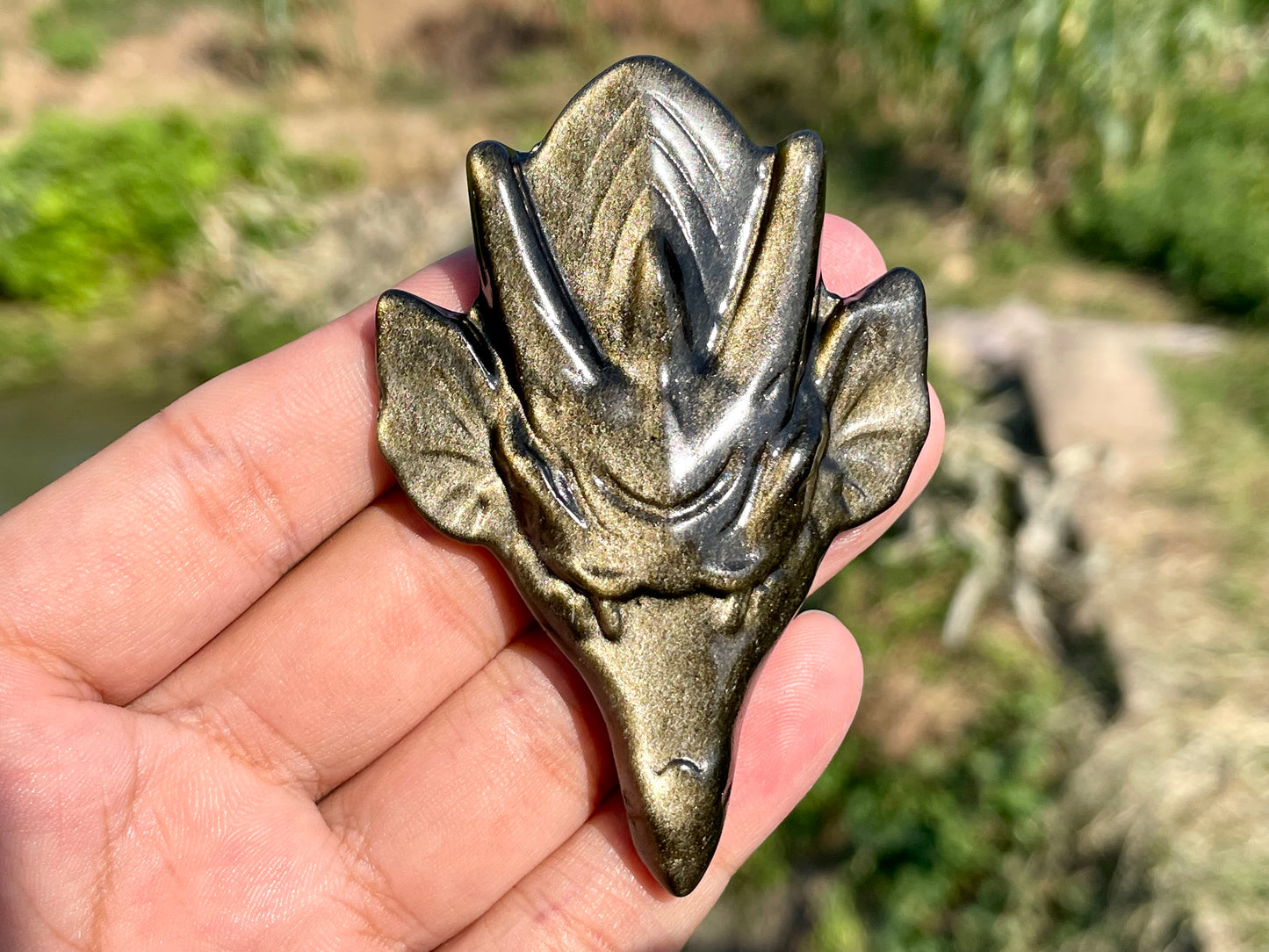 2.9''+ Natural gold Obsidian quartz,quartz crystal,hand carved,Crystal Dragon,Dragon skull,Crystal Gifts,Crystal Healing,Crystal Pendant