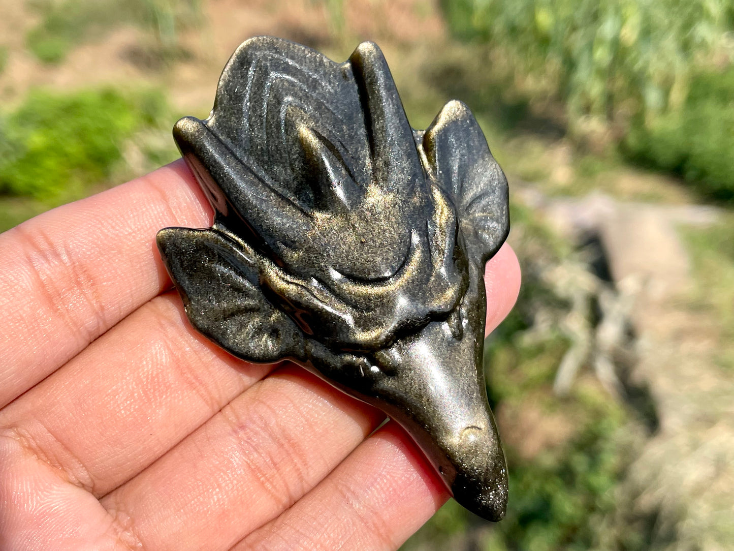 2.9''+ Natural gold Obsidian quartz,quartz crystal,hand carved,Crystal Dragon,Dragon skull,Crystal Gifts,Crystal Healing,Crystal Pendant