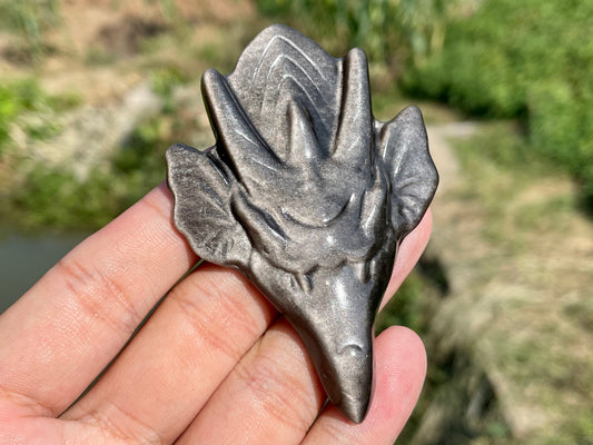 2.9''+ Natural Silver Obsidian quartz,quartz crystal,hand carved,Crystal Dragon,Dragon skull,Crystal Gifts,Crystal Healing,Crystal Pendant