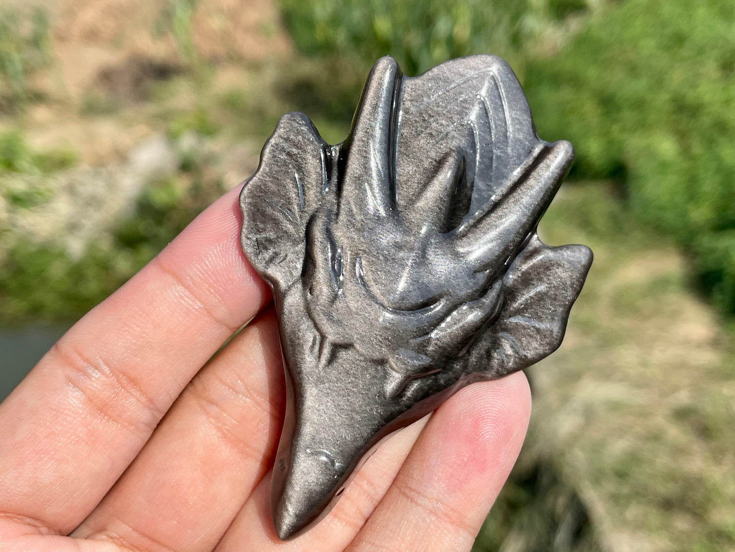 2.9''+ Natural Silver Obsidian quartz,quartz crystal,hand carved,Crystal Dragon,Dragon skull,Crystal Gifts,Crystal Healing,Crystal Pendant