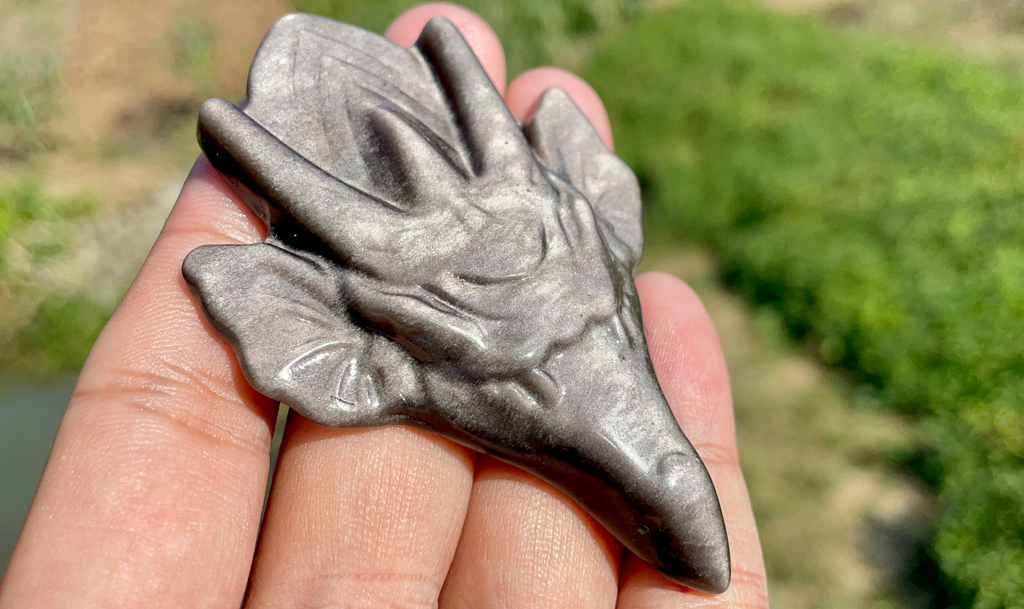 2.9''+ Natural Silver Obsidian quartz,quartz crystal,hand carved,Crystal Dragon,Dragon skull,Crystal Gifts,Crystal Healing,Crystal Pendant