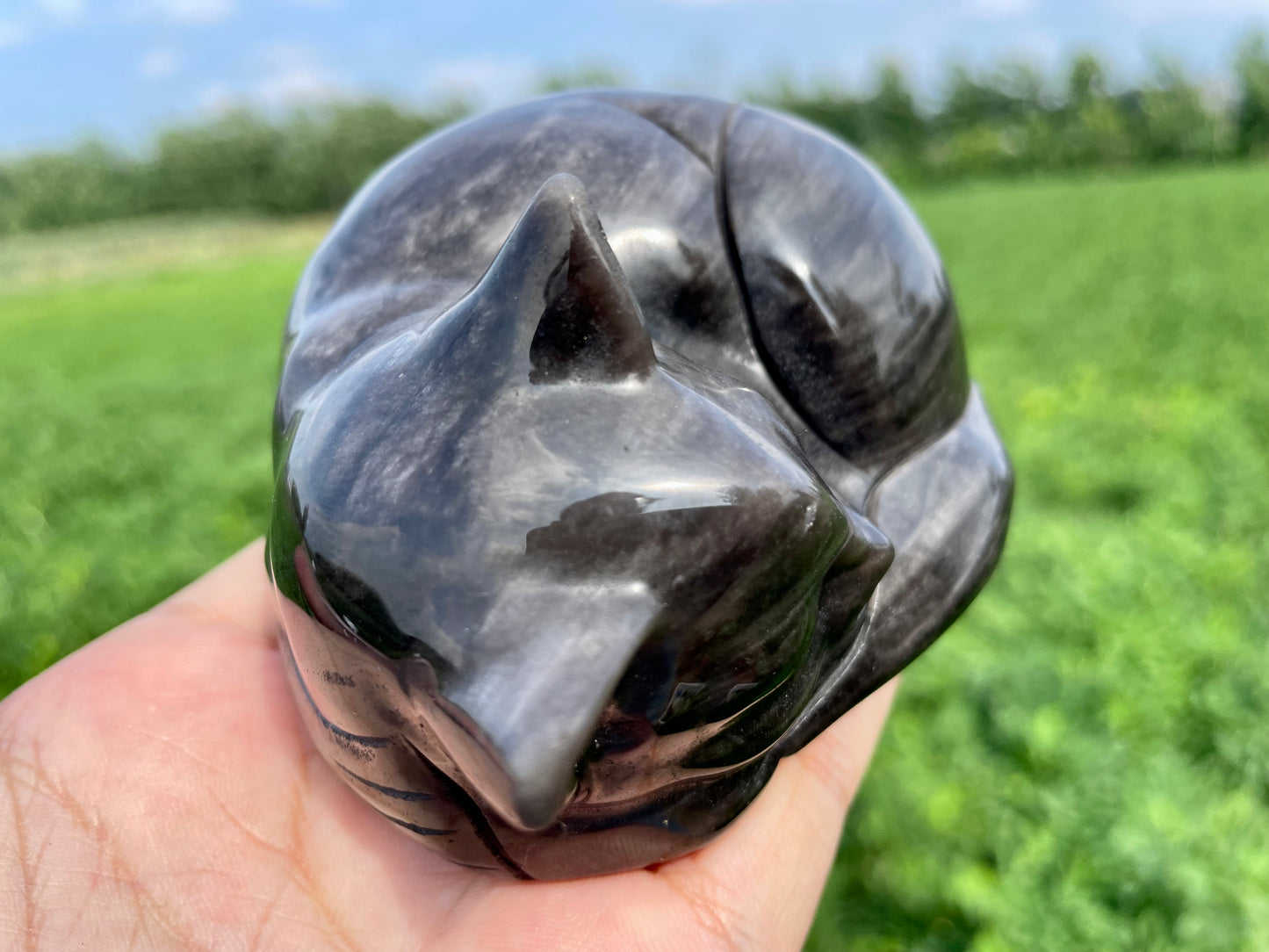 3.9''+ Natural Silver obsidian quartz,quartz crystal,hand carved,Crystal Cat skull,Crystal Gifts 1pc